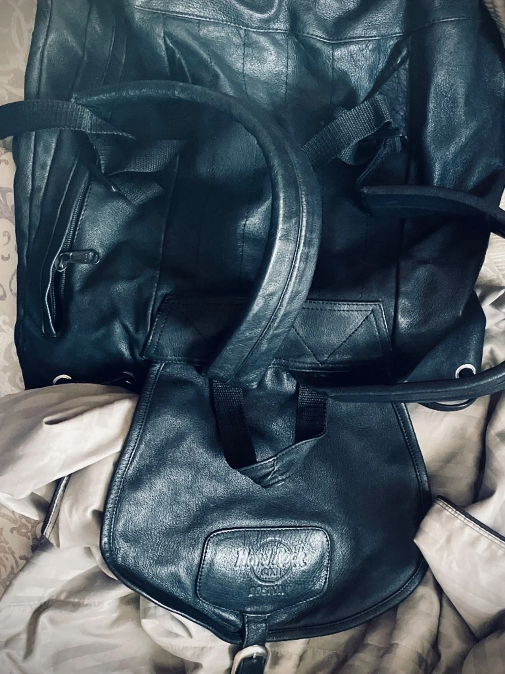 Vintage 90s Hard Rock Cafe Black Embossed Leather Boston Rucksack Backpack